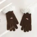Women brown knit gloves with white fluffy plush cuff winter warm thick touchscreen gloves - Coffee