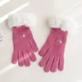 Women plush cuff knitted gloves winter warm thick pink full finger touch screen thermal. - Pink