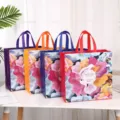 Colorful waterproof non-woven laminated tote shopping bags with floral print, 4-piece set. - Style 2