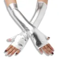 Guantes largos metálicos plateados brillantes sin dedos para cosplay fiesta Halloween - Talla única / Cuero Patentado Plateado