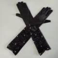 Schwarze Satin-Lange-Handschuhe mit Perlenverzierung elegante Abendparty Kostüm Zubehör - Einheitsgröße / Schwarz