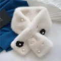 Chic white plush faux rabbit fur scarf with faux pearls and black camellia flowers for women winter - Black and White