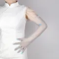 Close-up detail of sheer light blue long mesh gloves with elegant pearl shoulder chains. - Light Blue