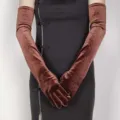 Audrey style vintage 55cm long brown velvet gloves for evening party and prom dress wear - 43cm / Coffee