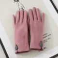 Guanti invernali donna touchscreen caldi rosa fodera pile bottone pied de poule fashion - Rosa