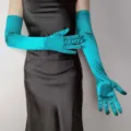Detailed view of extra long turquoise satin opera gloves, stretchy and elegant evening wear. - 55cm / Teal