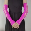 Sexy hollow mesh arm sleeves bright pink stretchy fishnet gloves clubwear party accessories - Rose Red