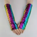 Holographic mermaid scale fingerless gloves for Halloween costume cosplay stage performance. - One Size / Rainbow