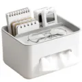 Multifunctional desktop tissue box organizer with storage compartments for office and home use. - Gray