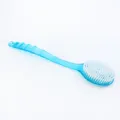 Long handle bath brush in blue with white bristles and hanging cord for easy shower use. - Transparent Bath Brush - Blue