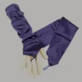 Close-up detail of purple satin fingerless long gloves, smooth fabric texture and loop. - Navy Blue