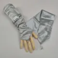 Silver satin fingerless long gloves detail, perfect for parties, evening gowns, and stage shows. - Silver