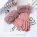 Women winter warm plush faux suede touch screen gloves with cozy rabbit fur cuffs chic - One Size / Pink