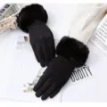Women winter warm touch screen gloves faux rabbit fur suede black thermal cold weather - One Size / Black