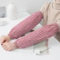 Thickened cotton red plaid over-sleeves, detailed view of fabric texture and long fit. - Plaid Oversleeves - Wine Red