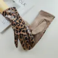 Women leopard print faux suede touchscreen gloves autumn winter warm cycling driving gloves - Dark Khaki