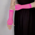 Hot pink fishnet fingerless gloves with rhinestones, perfect for rave party and festival outfits. - One Size / Rose Red