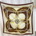 Luxury silk square scarf with classic belt and chain print elegant brown shawl for women 90cm - Coffee