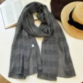 Detailed view of women autumn grey plaid scarf shawl, soft texture, elegant daily wear. - Light Gray