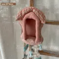 Fabric house hanging organizer detail, plaid roof and floral storage pocket with cute bow. - Pink