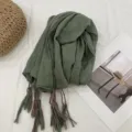 Πράσινο βαμβακερό λινό κασκόλ με πολύχρωμες πλεωτές φούντες vintage στυλ ζεστό φθινοπωρινό σάλι - 190εκ / Πράσινο των φασολιών