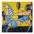 Foulard quadrato in seta stampata geometrica da donna, elegante design di cavallo astratto chic. - 3#