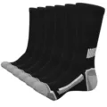 Detail view of black athletic crew socks with grey heels, toes and white ribbing details. - Plus Size 42-47 / Black