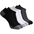 Detail view of breathable low-cut athletic socks in classic black, white, and grey. - One Size / Multicolor