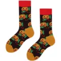 Halloween pumpkin crew socks, funny black cotton socks with red cuffs for men and women. - One Size / Pumpkin