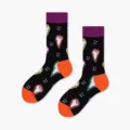 Halloween black crew socks with purple cuffs orange heels and cute ghost bone print for couples. - One Size / Ghost