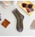 Retro ethnic style women mid tube socks autumn winter brown embossed floral crew socks - One Size / Purple Green