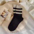 Black and white striped mid tube socks, retro warm cotton socks for women, winter daily wear. - One Size / Black