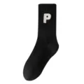 Black mid-calf cotton socks with embroidered letter P, casual sports couple style for winter. - One Size / Black