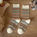 Retro ethnic geometric knit mid-calf socks for women autumn winter thick warm casual hosiery - One Size / White