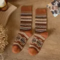 Retro brown knit socks for women, thick autumn and winter mid tube ethnic style casual hosiery. - One Size / Caramel color