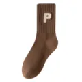 Brown letter P embroidered mid-tube cotton socks for women winter casual wear - One Size / Light Coffee