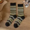 Retro ethnic style mid-calf knit socks, black olive green winter warm thick socks. - One Size / Black