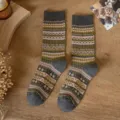 Vintage fair isle knit mid-calf socks for women, thick cozy winter warm hosiery, grey. - One Size / Gray