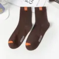 Brown men crew socks cotton casual breathable trendy solid color with stylish side letter. - One Size / Coffee