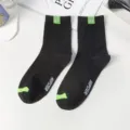 Men casual black mid tube cotton socks with green toe and stylish letter print for daily wear - One Size / Black