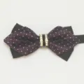 Detail view of men's sharp corner rhinestone bow tie, purple plaid and black formal neckwear. - LJ-ZJ10