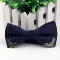 Mens dark blue jacquard bow tie with silver dots and retro metal corner decorations for suit. - Navy Blue