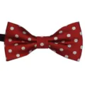 Detailed close-up of a classic red and white polka dot bow tie, showcasing fine fabric texture. - Style 10
