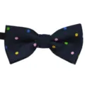 Detailed view of children's navy blue bow tie with colorful polka dots, cute and stylish. - Style 11