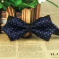 Men's dark blue geometric pattern polyester bow tie with wooden back structure for business. - LJ-JJ10