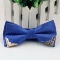 Men's blue jacquard bow tie with silver dots and elegant gold metal corners for formal wear. - Sapphire Blue