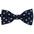 Detailed product shot of a classic navy blue bow tie with elegant white polka dots. - Style 22