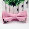 Pink jacquard men's bowtie with silver dots and metal corner clips for formal wear variant. - Pink