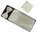 Men satin white cummerbund bow tie pocket square set for formal wedding evening party. - Off White