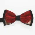 Close-up detail view of men's red and black double layer bow tie with stylish metal corner accents. - Jujube Red